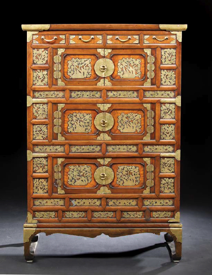 Appraisal: Korean Brass-Decorated Wooden Storage Chest-on-Stand th century composed of three