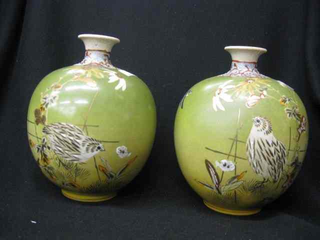 Appraisal: Pair of Japanese Satsuma Pottery Vases bird floral green background