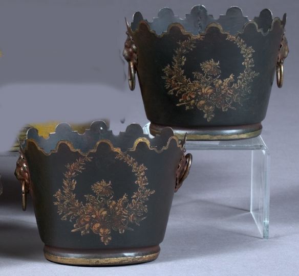 Appraisal: Diminutive Pair of French Black-and-Gold Tole Peinte Oval Cachepots of