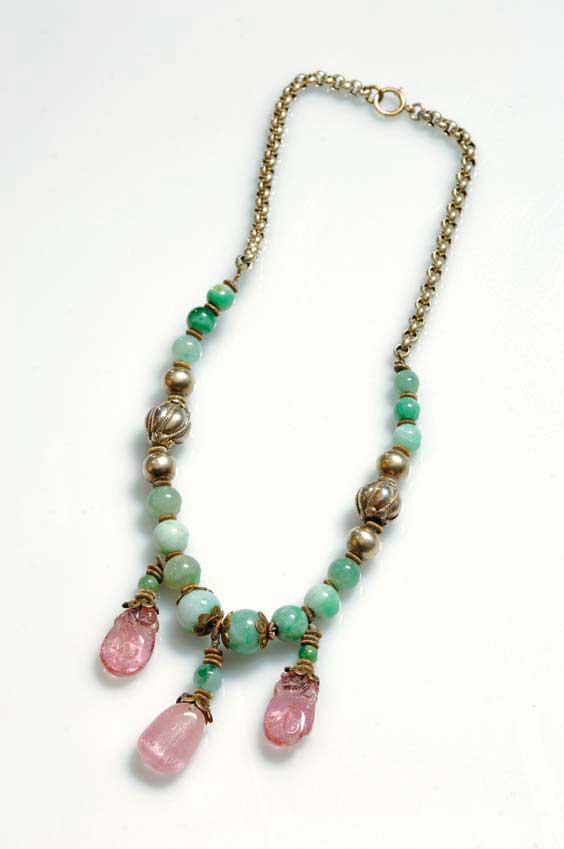 Appraisal: JADE TOURMALINE AND SILVER NECKLACE Antique Chinese necklace comprised of