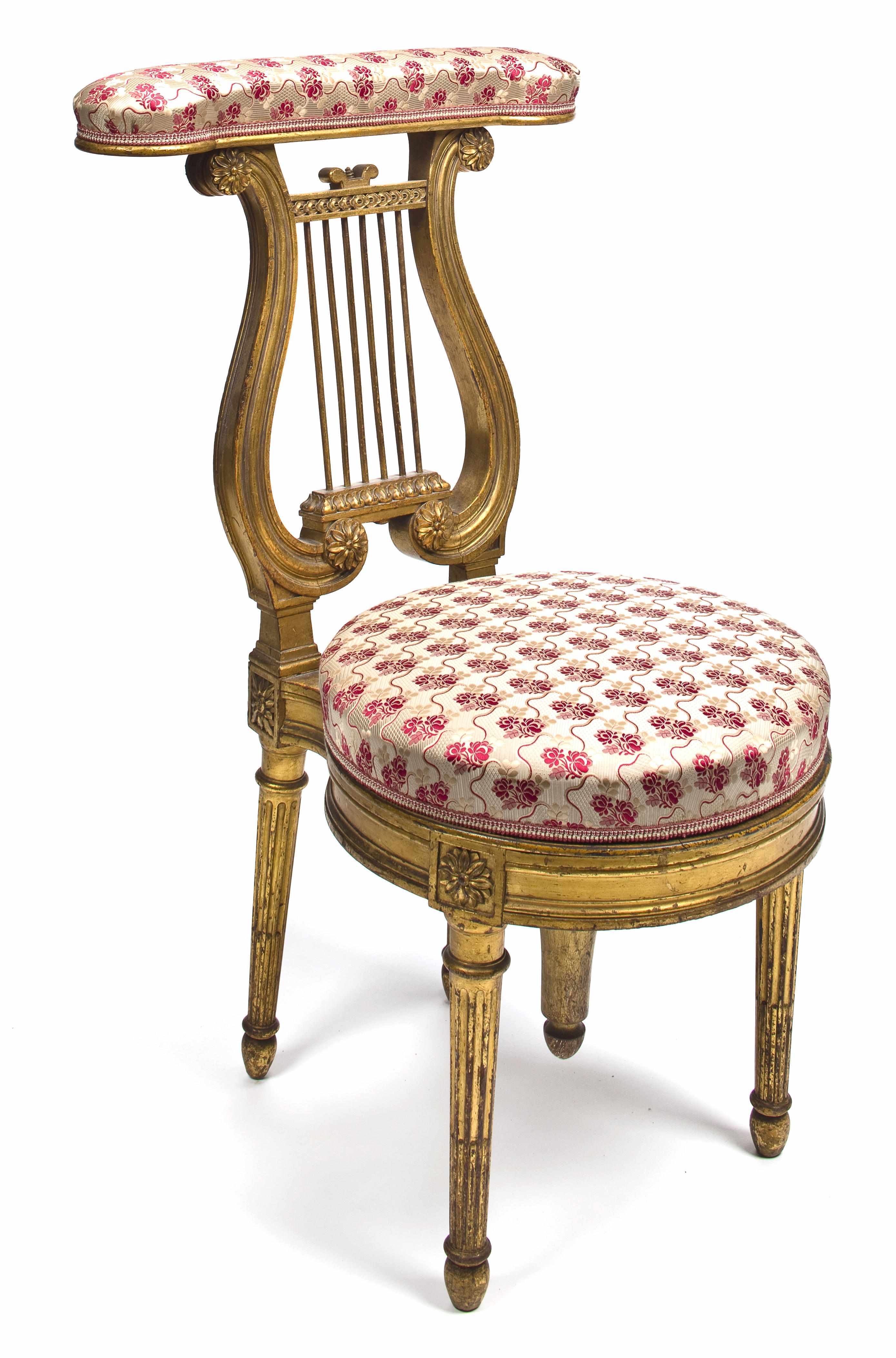 Appraisal: A Louis XVI style giltwood lyre back piano chair second