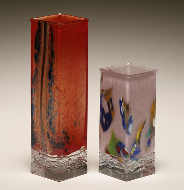 Appraisal: Two artist signed square form art glass vases one reddish-orange