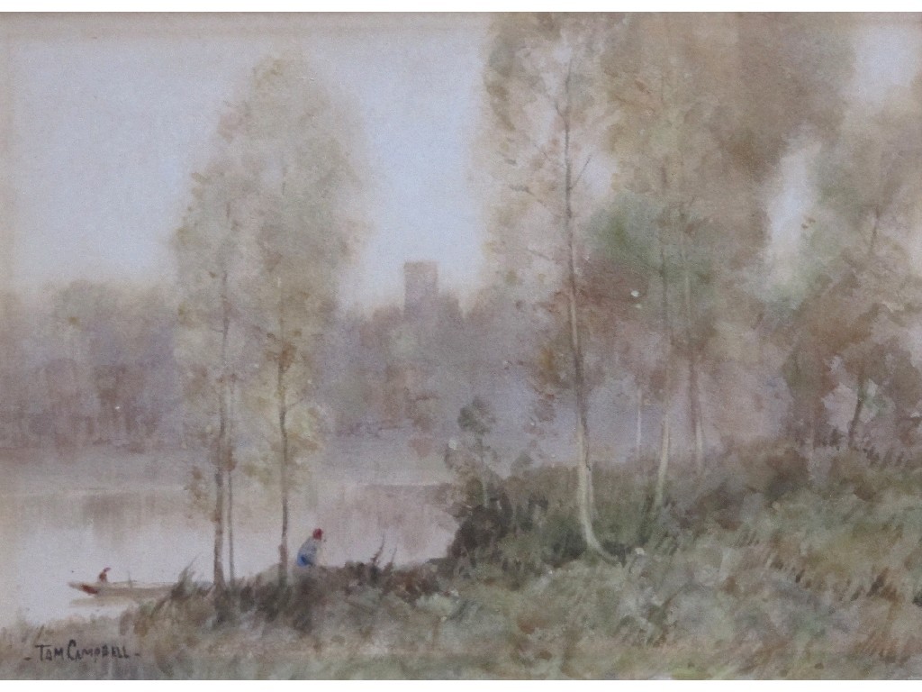 Appraisal: TOM CAMPBELL - Watercolour landscape with a river to the