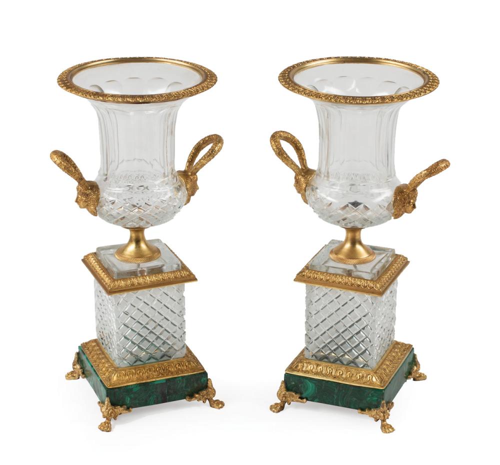 Appraisal: Pair of Empire-Style Bronze and Malachite-Mounted Cut Crystal Urns th