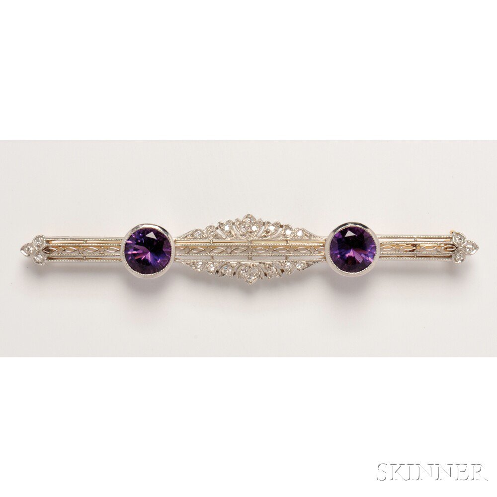 Appraisal: Platinum Gold Amethyst and Diamond Bar Pin the platinum-topped pin