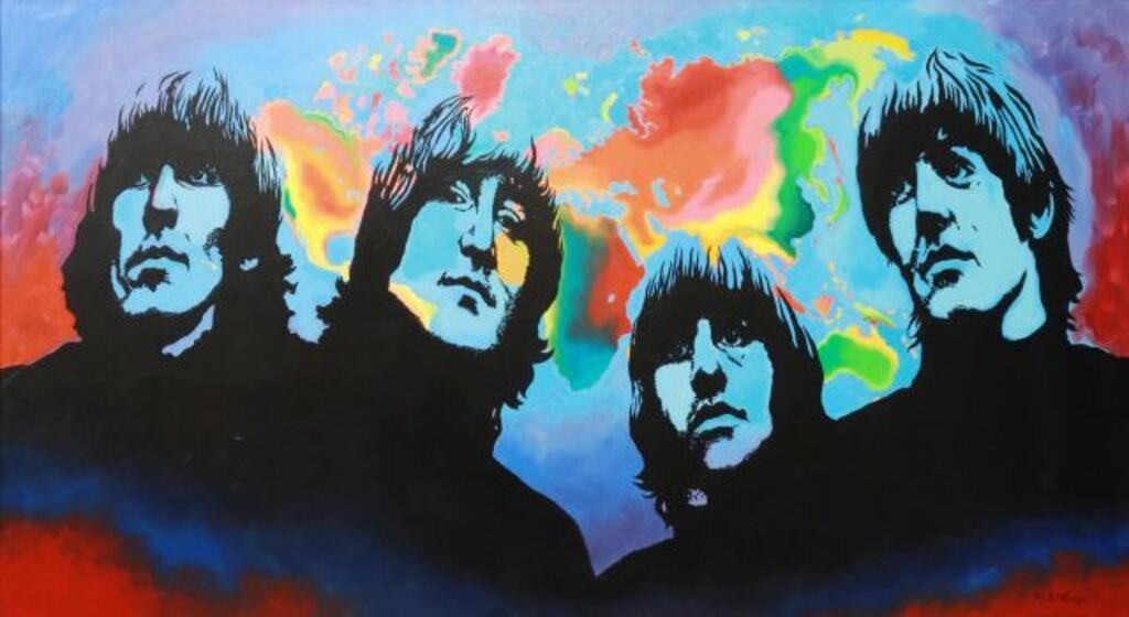 Appraisal: Framed oil painting on canvas The Beatles changed the world