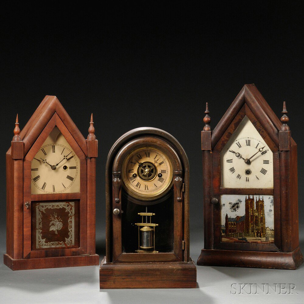 Appraisal: Three Miniature Connecticut Shelf Clocks two mahogany thirty-hour time-only steeple