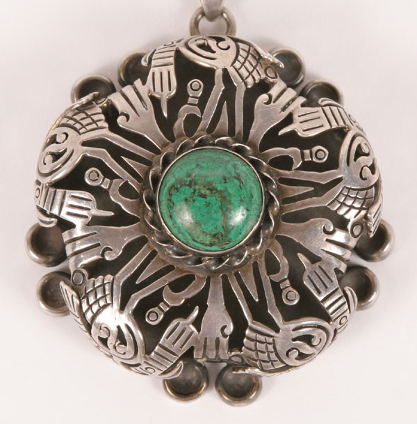 Appraisal: Los Ballesteros Mexican sterling hollow reticulated figural pendant with central