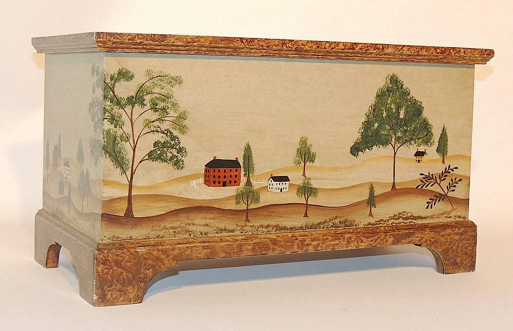 Appraisal: Paint Decorated Document Box th Century Featuring a country landscape