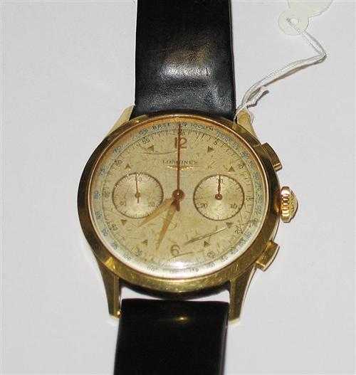 Appraisal: GENTLEMAN'S WRISTWATCH CHRONOGRAPH LONGINES s Yellow gold Ref Round case