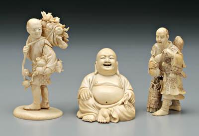 Appraisal: Three Japanese ivory okimonos figural carvings old samurai holding gourd