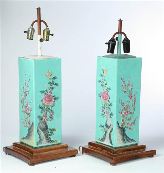 Appraisal: PAIR OF LAMPS China th century porcelain Paneled vases with