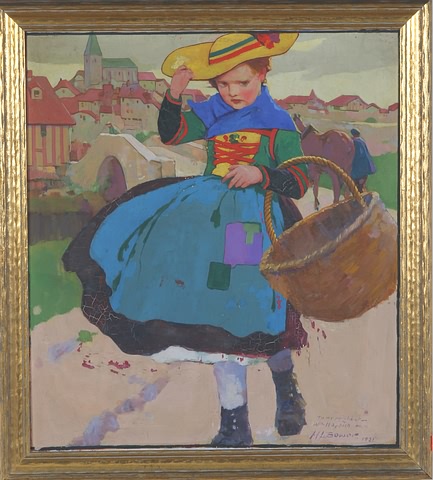 Appraisal: Young girl carrying basket with town in background oil on