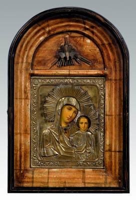 Appraisal: Russian icon shadowbox Madonna and child chromolithograph on panel with