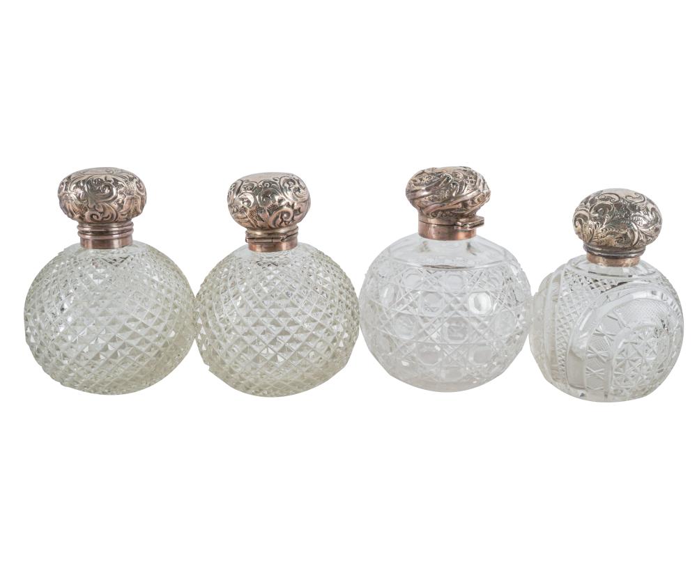 Appraisal: GROUP OF FOUR STERLING CUT GLASS PERFUME BOTTLESeach with English