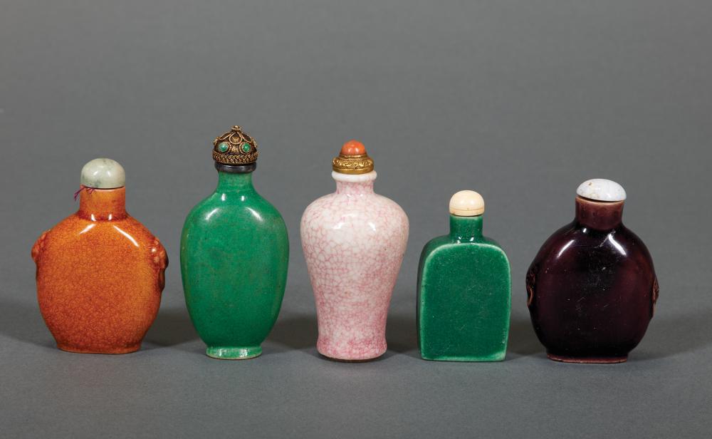 Appraisal: Five Chinese Snuff Porcelain Snuff Bottles incl aubergine amber green