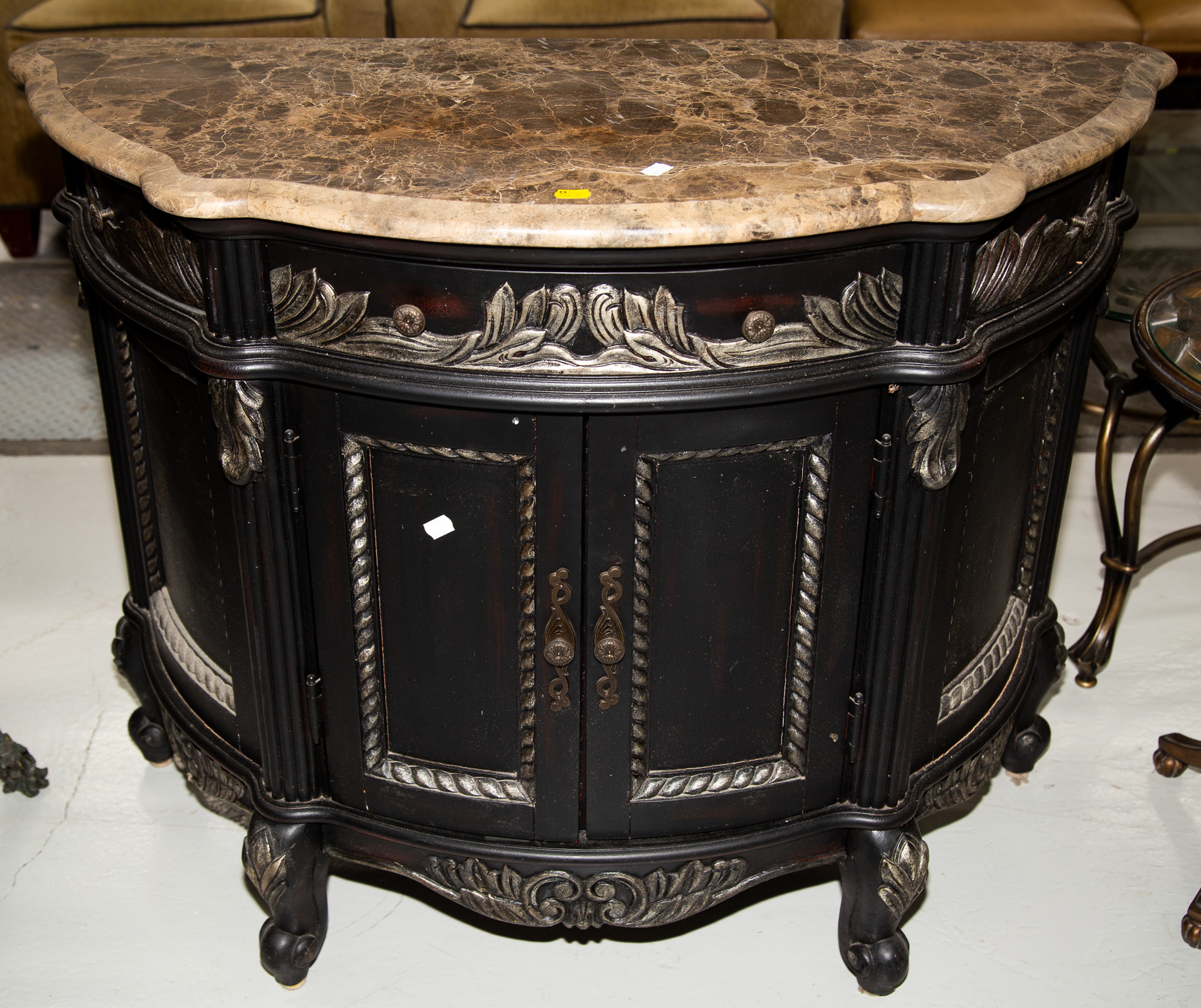 Appraisal: MODERN BAROQUE STYLE BOWFRONT CABINET Faux marble top in H