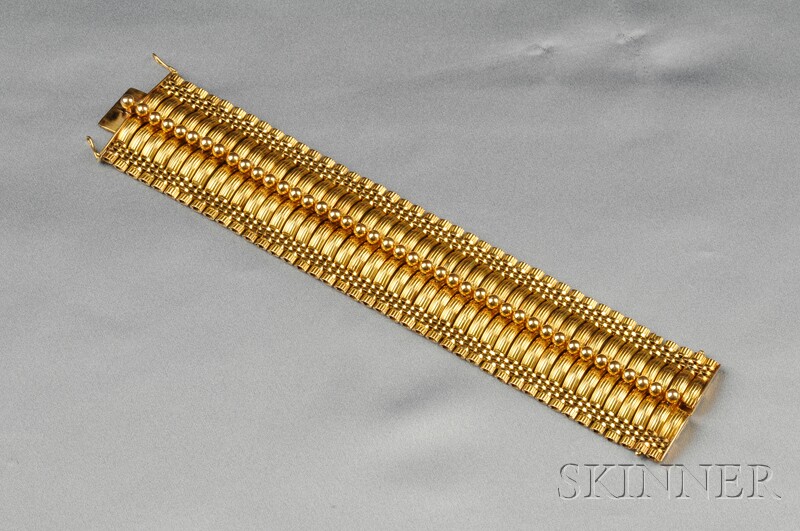 Appraisal: kt Gold Bracelet the wide strap composed of ribbed arched