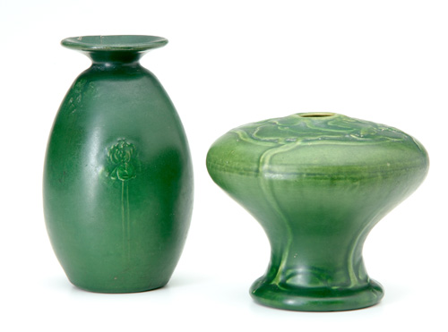 Appraisal: DENVER DENAURA Two vases covered in matte green vellum glaze