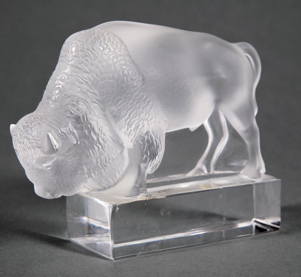 Appraisal: Lalique Clear and Frosted Glass Bison Buffalo Paperweight etched Lalique