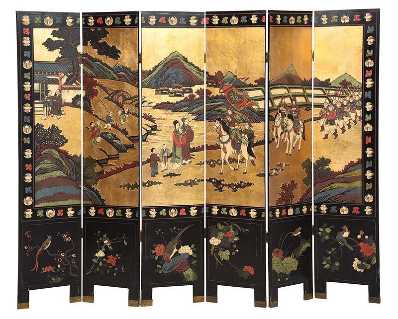 Appraisal: Chinese Lacquered Polychromed Six Panel Room Screen probably late Qing