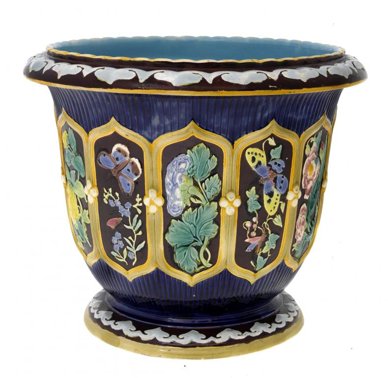 Appraisal: A W T COPELAND MAJOLICA GARDEN POT moulded with barbed