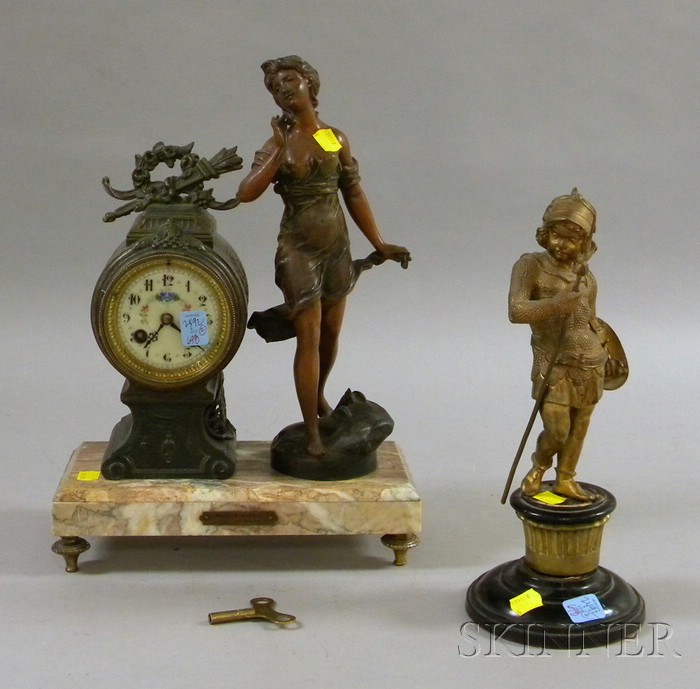 Appraisal: Patinated Cast Metal Figural Mantel Clock with Marble Base and