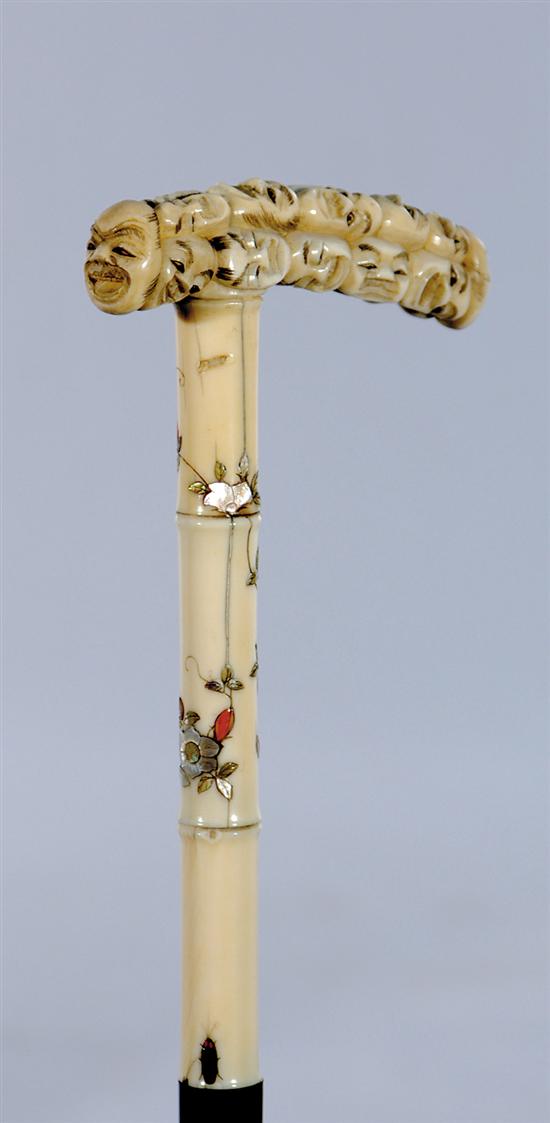 Appraisal: Japanese inlaid carved ivory cane late th century L-shaped handle