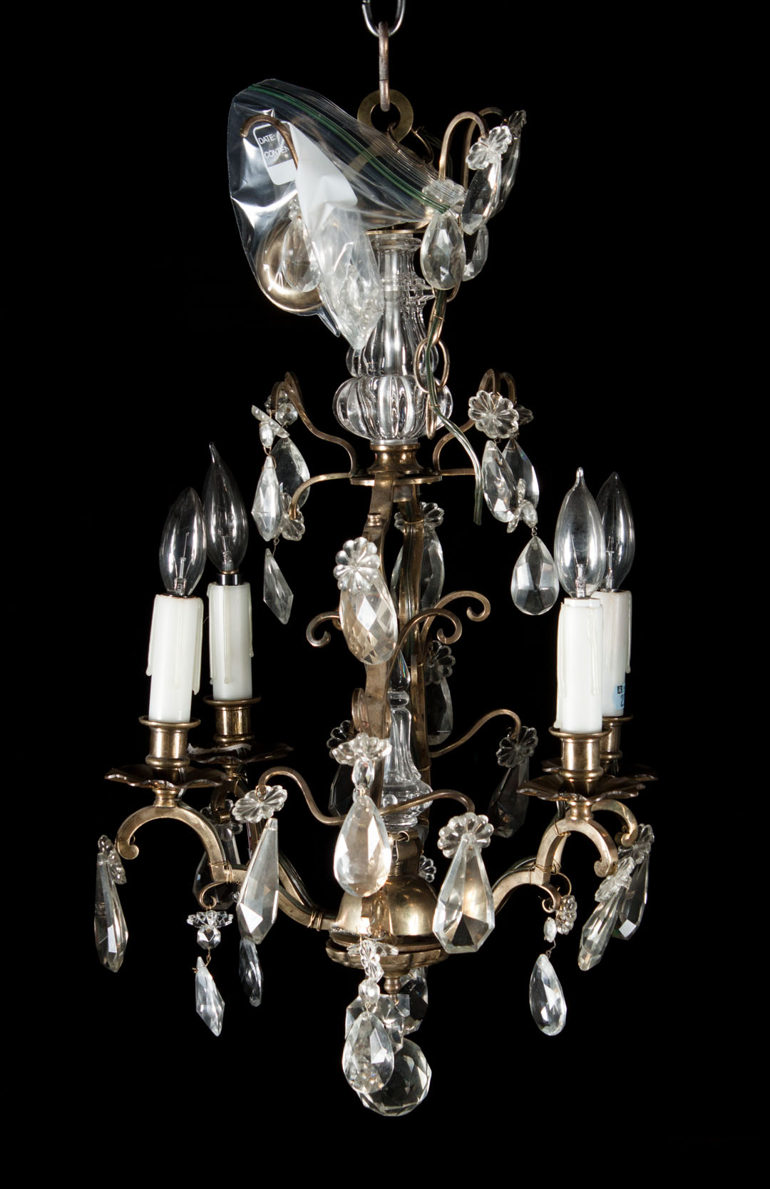 Appraisal: French cast brass chandelier four scrolled candle arms cut glass