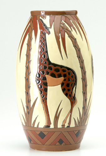 Appraisal: BOCH FRERES Keramis ovoid vase enamel-decorated with giraffes on a