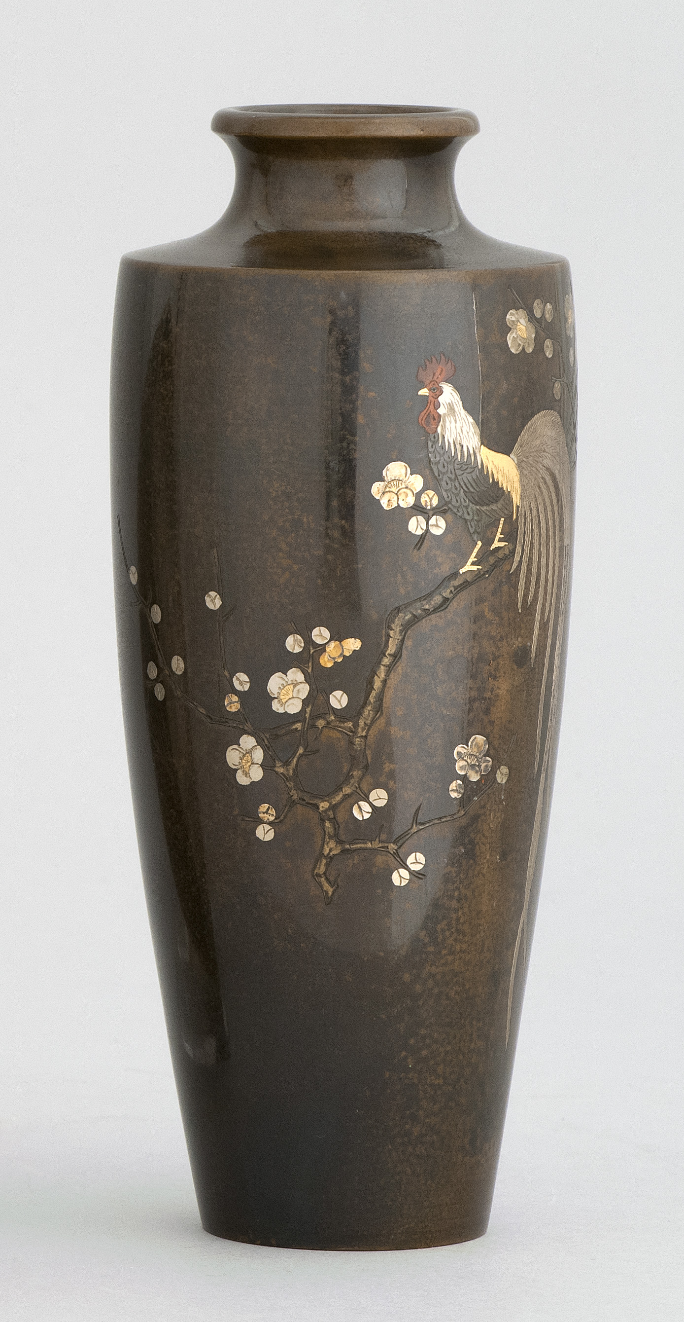 Appraisal: HATTORI-INLAID BRONZE VASE Late Meiji PeriodDepicting a rooster in a