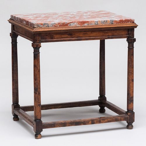 Appraisal: CONTINENTAL TIGER MAPLE AND WALNUT TABLE WITH A MARBLE TOP