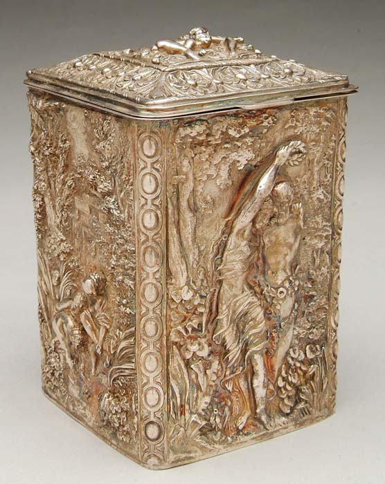 Appraisal: SILVER REPOSE DECORATED HINGED LID BOX Unmarked box is square