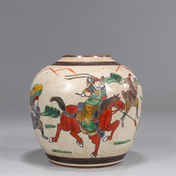 Appraisal: Chinese crackle glazed ceramic jar with warriors battling concentric circles