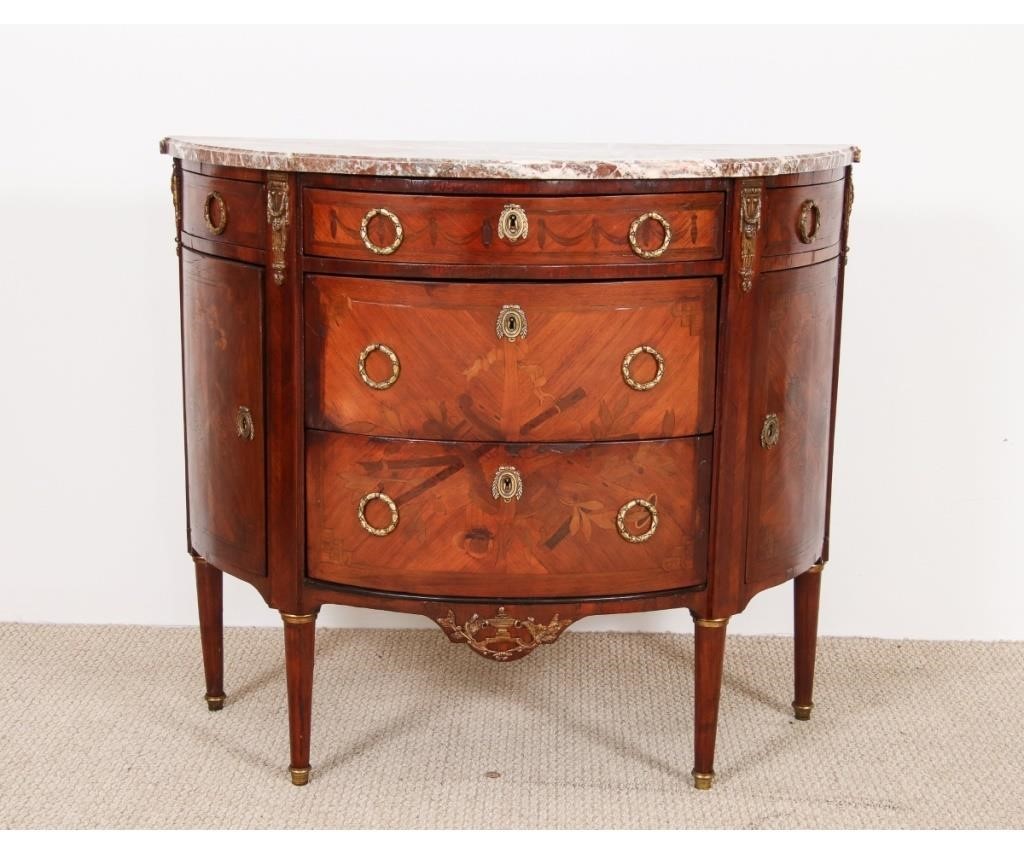 Appraisal: French inlaid walnut commode th c with marble top and