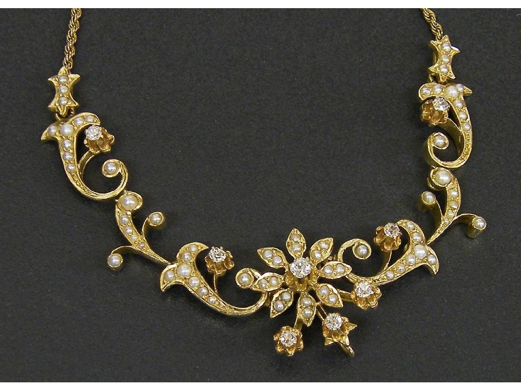 Appraisal: Attractive ct pearl and diamond necklace with integral foliate pendant