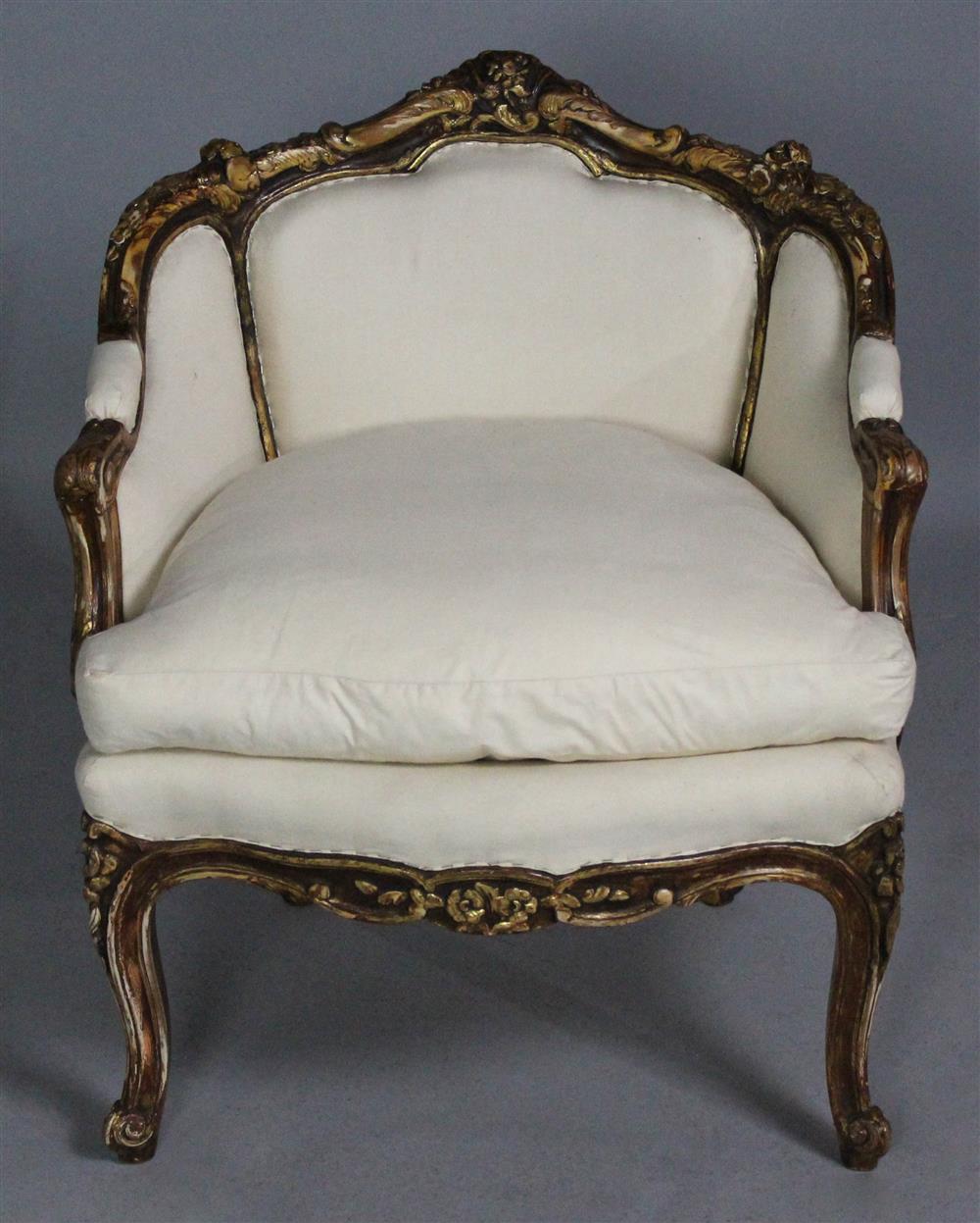 Appraisal: LOUIS XV STYLE GILT AND FLORAL CARVED BERGERE late th