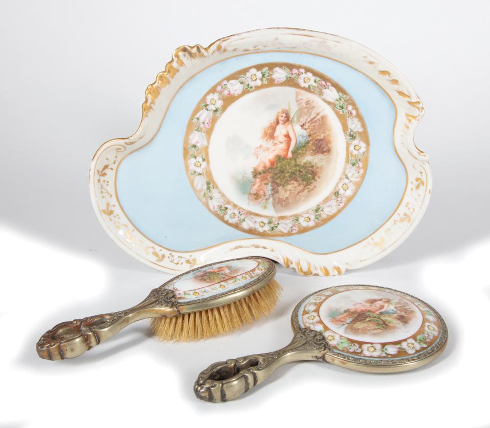 Appraisal: Silverplate and W Guerin Cie Limoges Porcelain Three-Piece Dresser Set