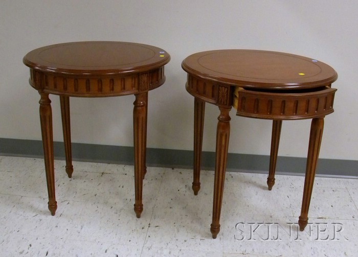 Appraisal: Pair of Louis XVI Style Circular Carved Maple One-Drawer Occasional