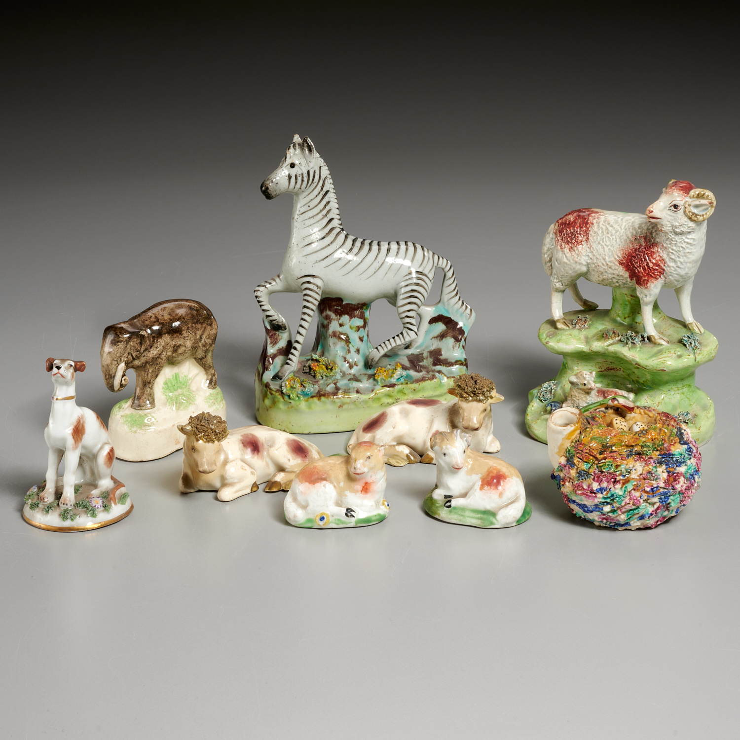 Appraisal: GROUP ENGLISH STAFFORDSHIRE CERAMIC ANIMALS th th c incl zebra