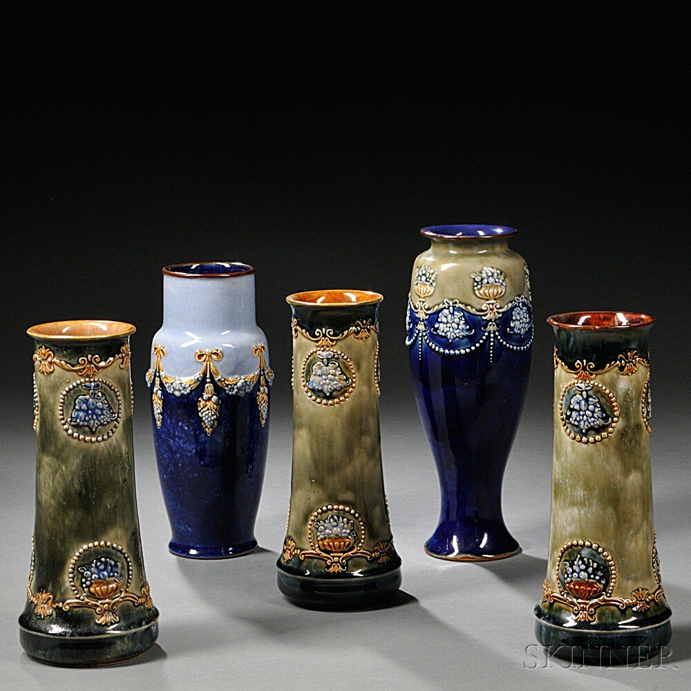 Appraisal: Five Royal Doulton Stoneware Vases England early th century three