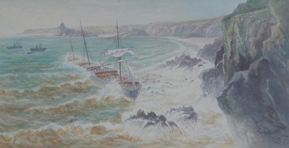 Appraisal: thC British School Masted ship on the rocks watercolour cm