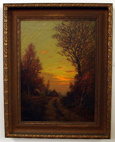 Appraisal: Sunset landscape with tree lined road to cottage oil on