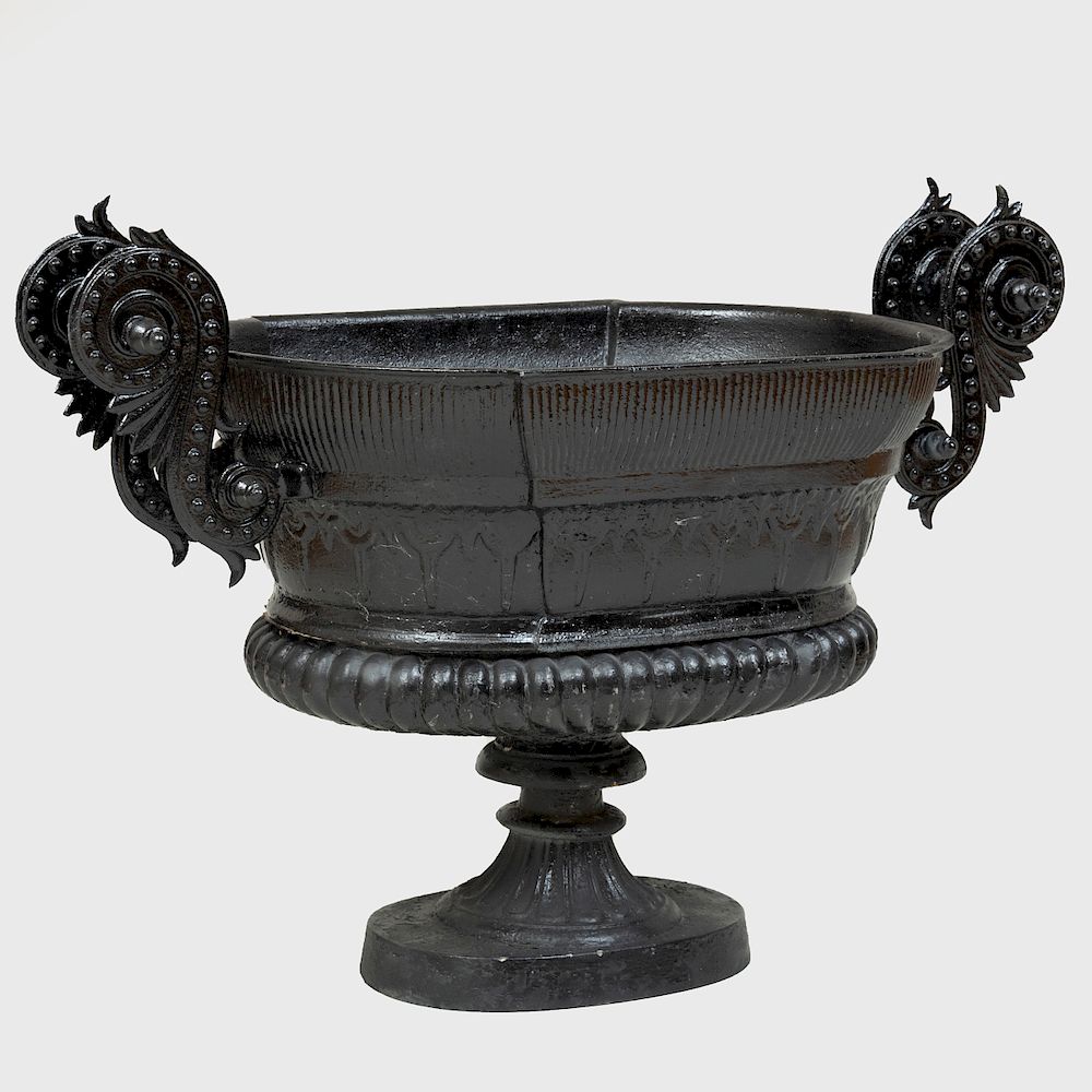 Appraisal: Black Painted Cast Iron Scroll Handled Garden Urn attributed to