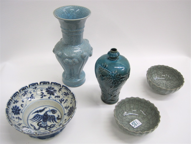 Appraisal: FIVE CHINESE POTTERY AND PORCELAIN PIECES includes vases in shades