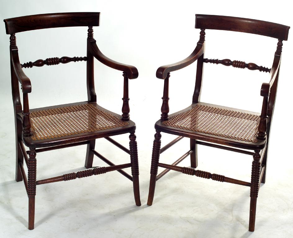 Appraisal: PAIR OF REGENCY MAHOGANY AND ROSEWOOD OPEN ARMCHAIRS each with