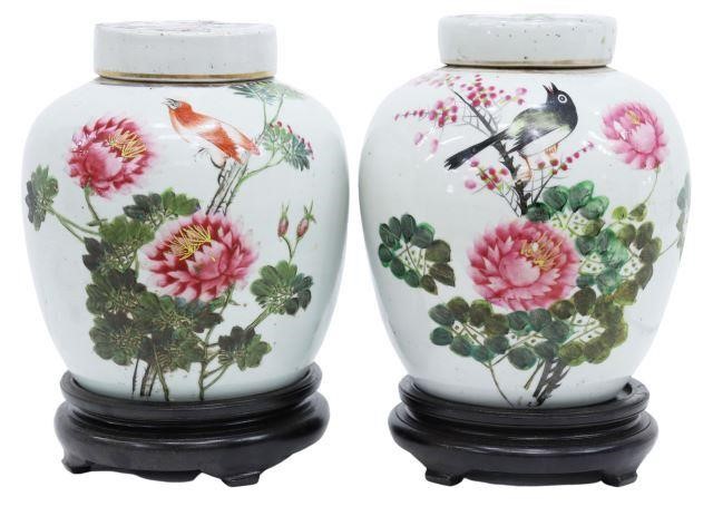 Appraisal: pair Chinese famille rose porcelain lidded jars decorated with birds