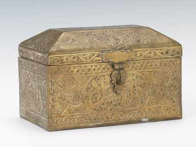 Appraisal: A Persian Brass Casket Brass casket with hinged lid decorated