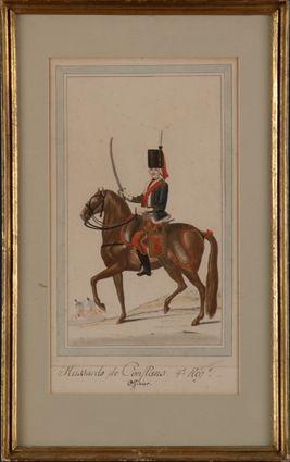 Appraisal: SET OF SIX FRENCH EQUESTRIAN PORTRAITS OF HUSSAR OFFICERS Hand-colored