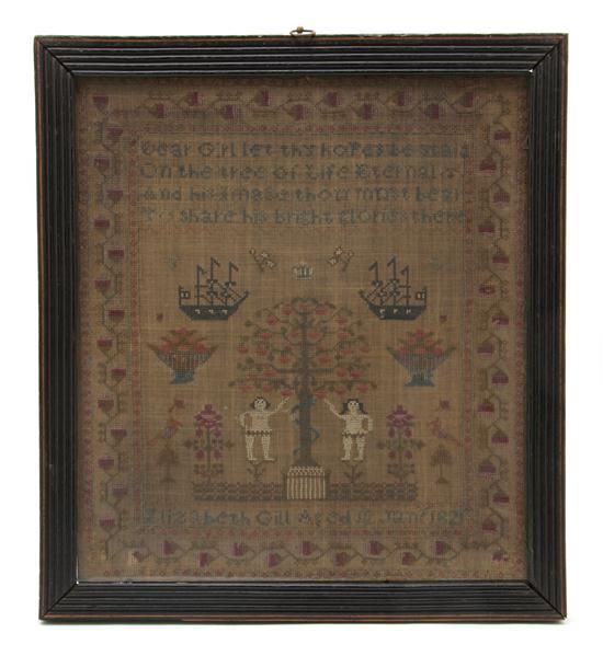 Appraisal: A Needlework Sampler Elisabeth Gill age the center depicting Adam